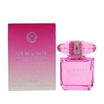 Versace Bright Crystal Absolu perfume bottle and packaging on a white background