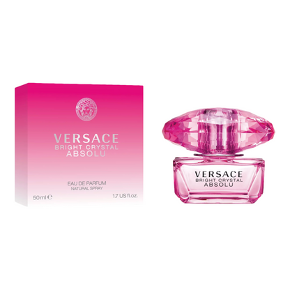Versace Bright Crystal Absolu perfume bottle and packaging on a white background