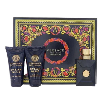 Versace men's grooming set with Dylan Blue theme on a decorative box.