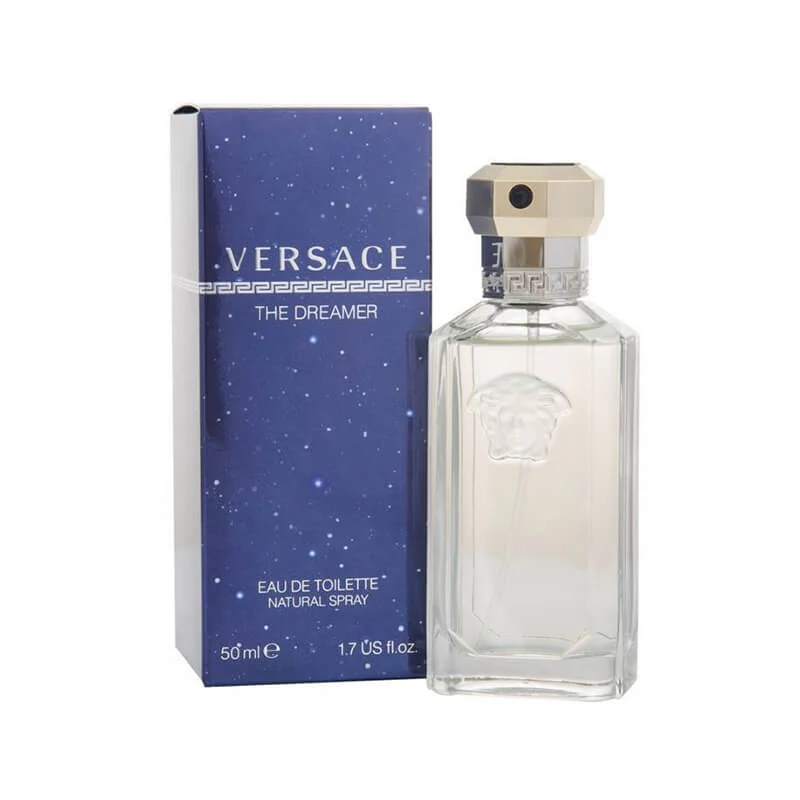 Versace The Dreamer perfume bottle and packaging on a white background