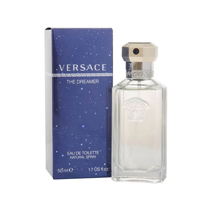 Versace The Dreamer perfume bottle and packaging on a white background