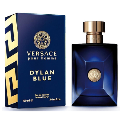 Versace Dylan Blue perfume bottle and packaging on a white background