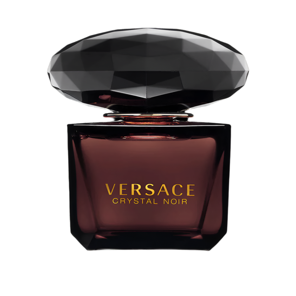 Versace Crystal Noir perfume bottle with a black and gold design on a white background