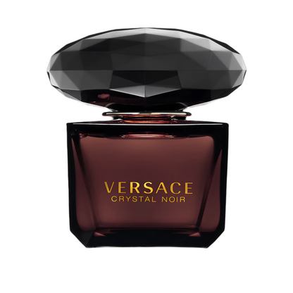 Versace Crystal Noir perfume bottle with a black and gold design on a white background