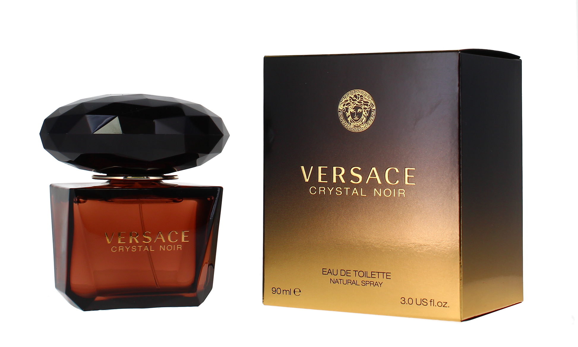 Versace Crystal Noir perfume bottle and packaging on a white background