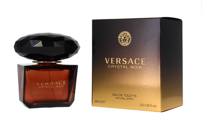 Versace Crystal Noir perfume bottle and packaging on a white background