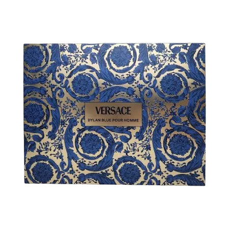Versace perfume packaging with blue and gold pattern on a white background