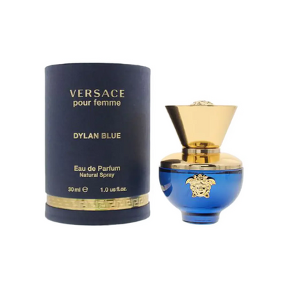 Versace Dylan Blue perfume bottle and packaging on a white background