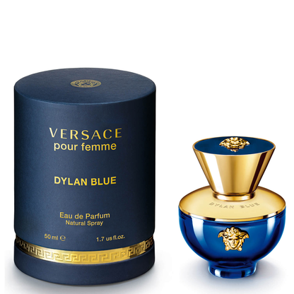 Versace Dylan Blue perfume bottle and packaging on a white background