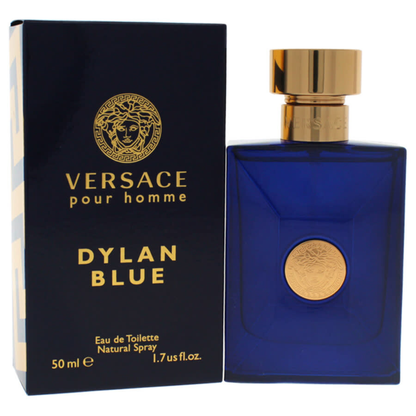 Versace Dylan Blue perfume bottle and packaging on a white background
