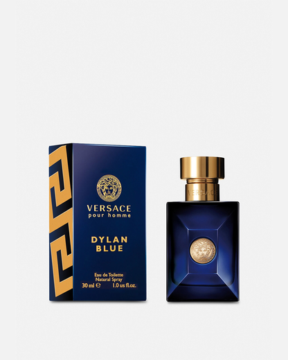 Versace Dylan Blue perfume bottle and packaging on a light gray background