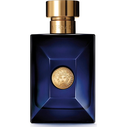 Blue perfume bottle with gold cap and emblem on a white background