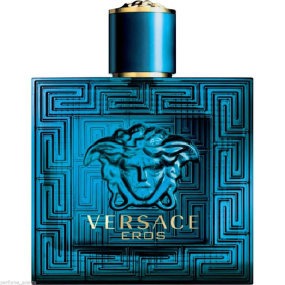 Versace Eros perfume bottle with blue design and gold accents on a white background