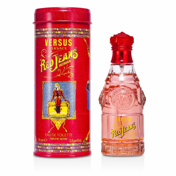 Versus Versace Red Jeans perfume bottle and packaging on a white background