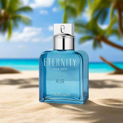 Calvin Klein Eternity for Men Air perfume bottle against beach and sky background