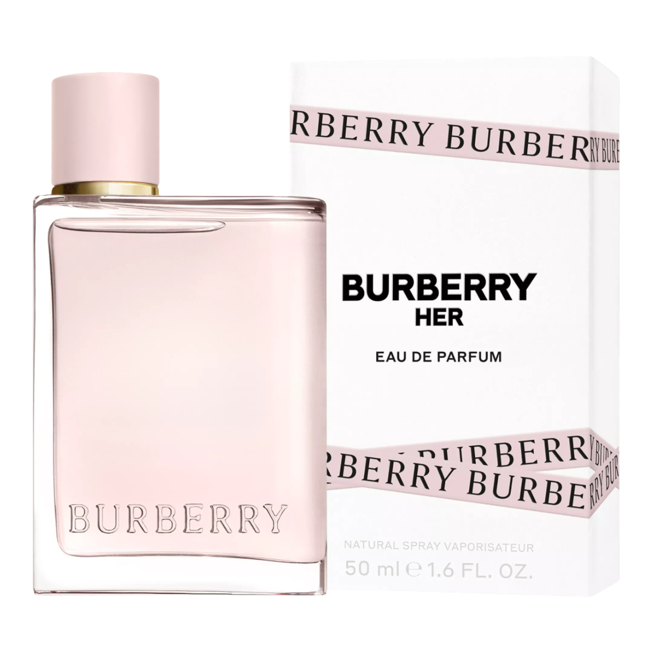 Burberry Her Eau de Parfum bottle and packaging on a white background