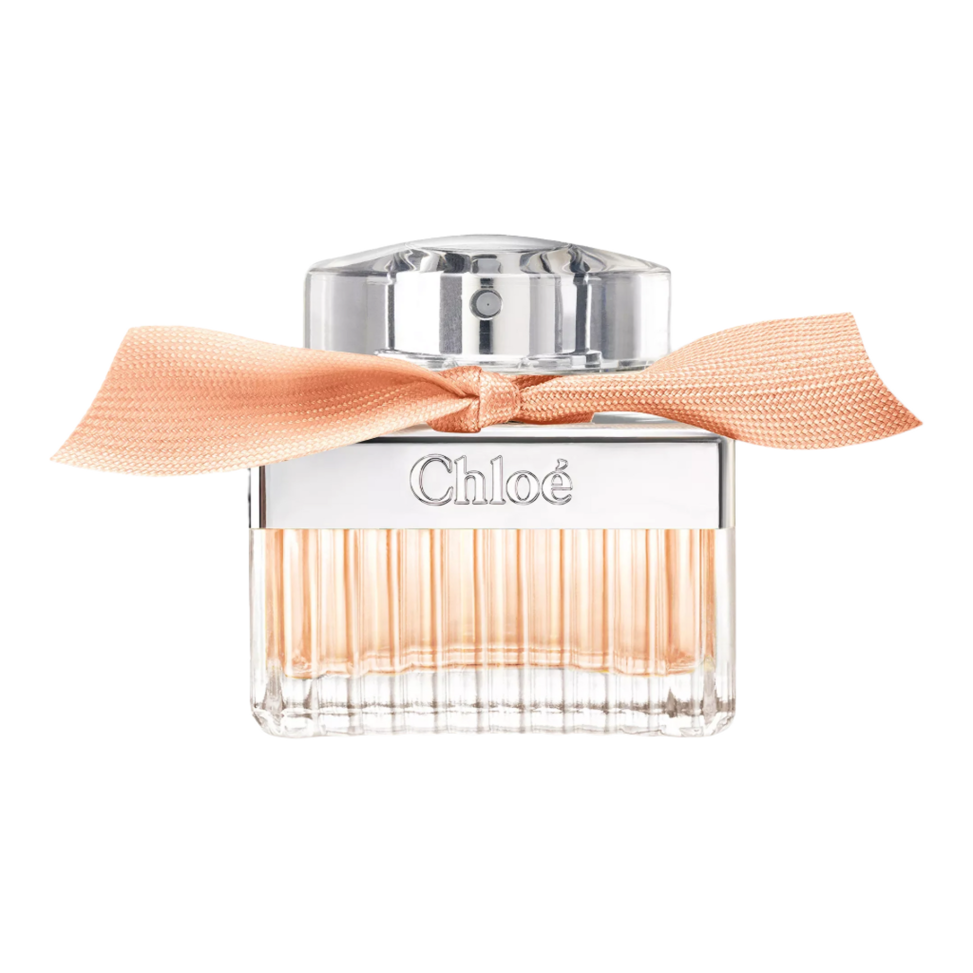 Chloe perfume bottle with a pink ribbon on a white background