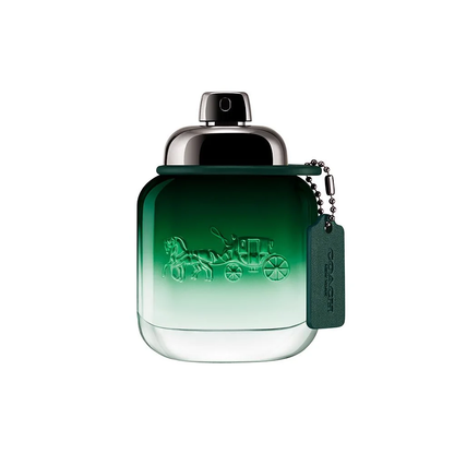 Green perfume bottle with silver cap on a white background