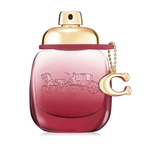 Pink perfume bottle with gold cap and 'C' charm on a white background