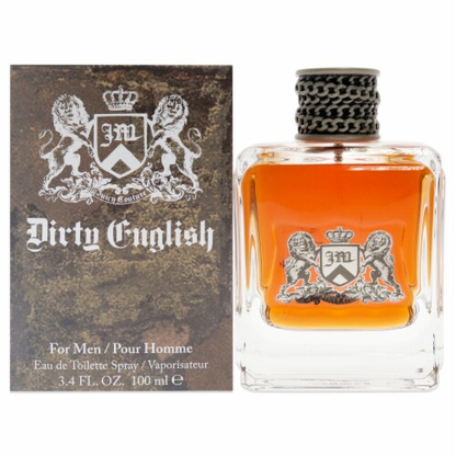 Perfume bottle and packaging of 'Dirty English' for men on a white background