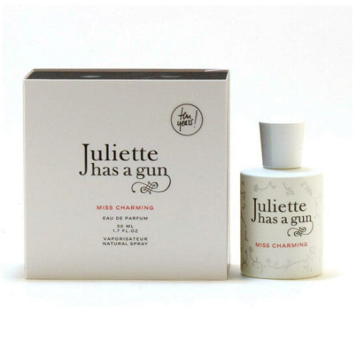 Juliette has a gun Miss Charming perfume bottle and packaging on a white background