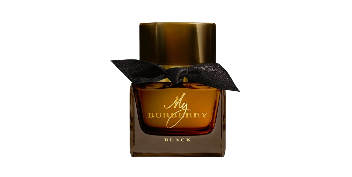 Burberry perfume bottle with black cap and ribbon on a white background