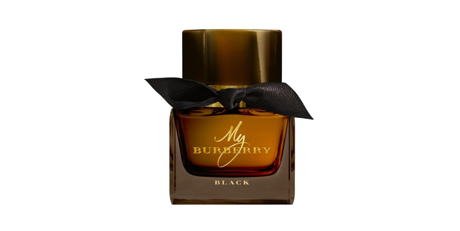 Burberry perfume bottle with black cap and ribbon on a white background