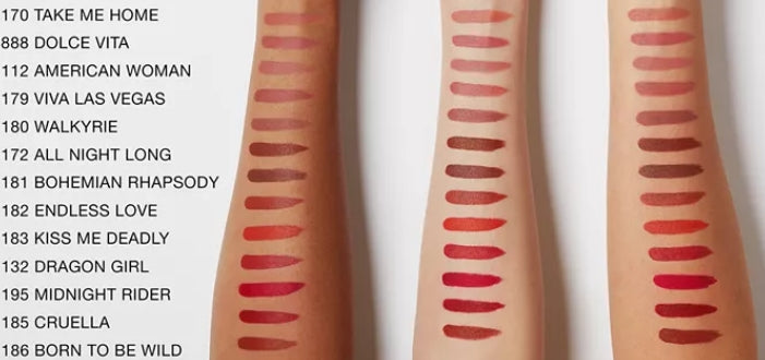Lipstick swatches with names on a white background