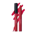 Two red lipsticks with black caps on a white background