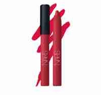 Two red lipsticks with black caps on a white background