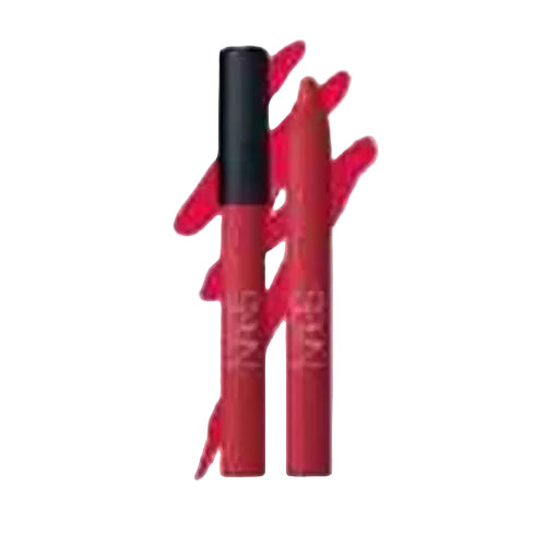 Two red lipsticks with black caps on a white background