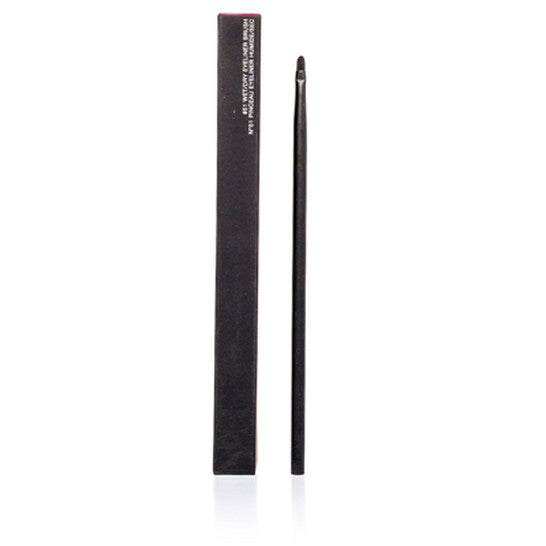 Black makeup brush with a black handle on a white background