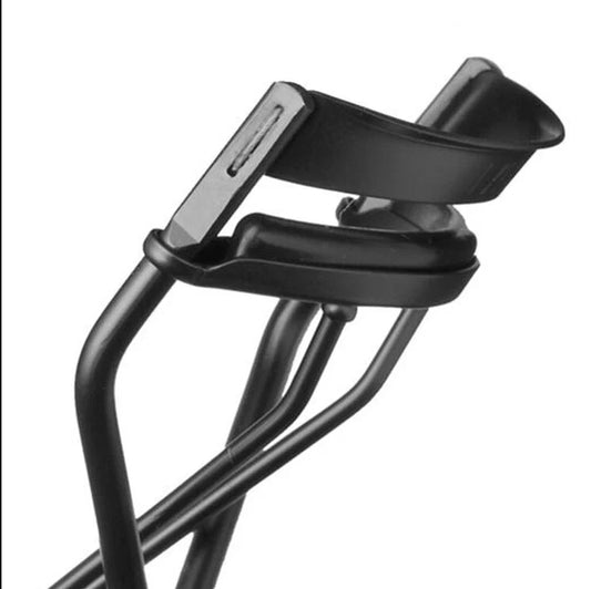 Black metal stand with a clip on a white background