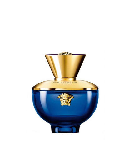 Blue and gold perfume bottle with a brand logo on a white background