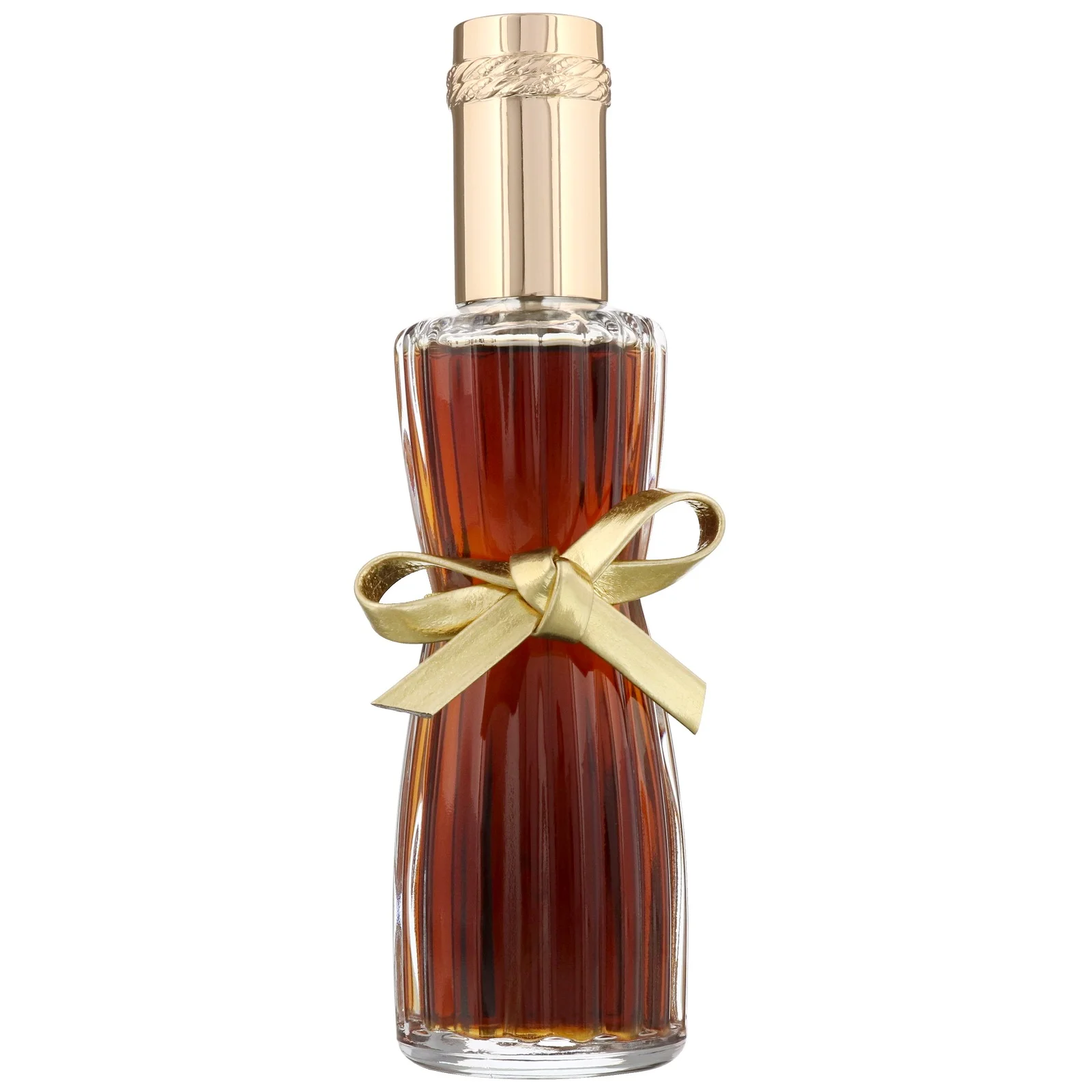 Perfume bottle with gold cap and bow on a white background