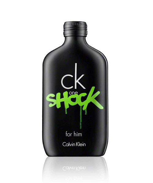 Black Calvin Klein shock one perfume bottle with green text on a white background
