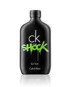 Black Calvin Klein shock one perfume bottle with green text on a white background
