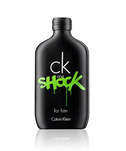 Black Calvin Klein shock one perfume bottle with green text on a white background