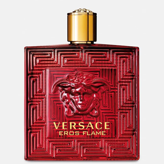 Versace Eros Flame perfume bottle with red design and gold cap on a light gray background