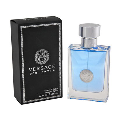 Versace pour homme perfume bottle and packaging on a white background
