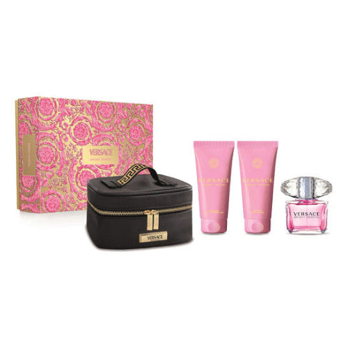 Versace perfume set with black travel case, pink bottles, and packaging on a white background