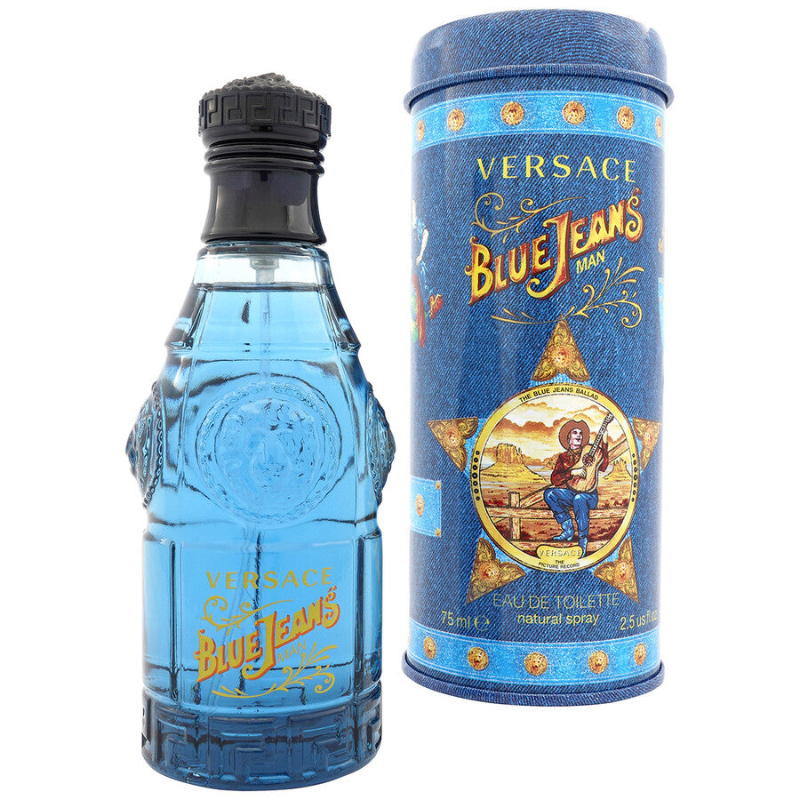 Versace Blue Jeans perfume bottle and packaging on a white background