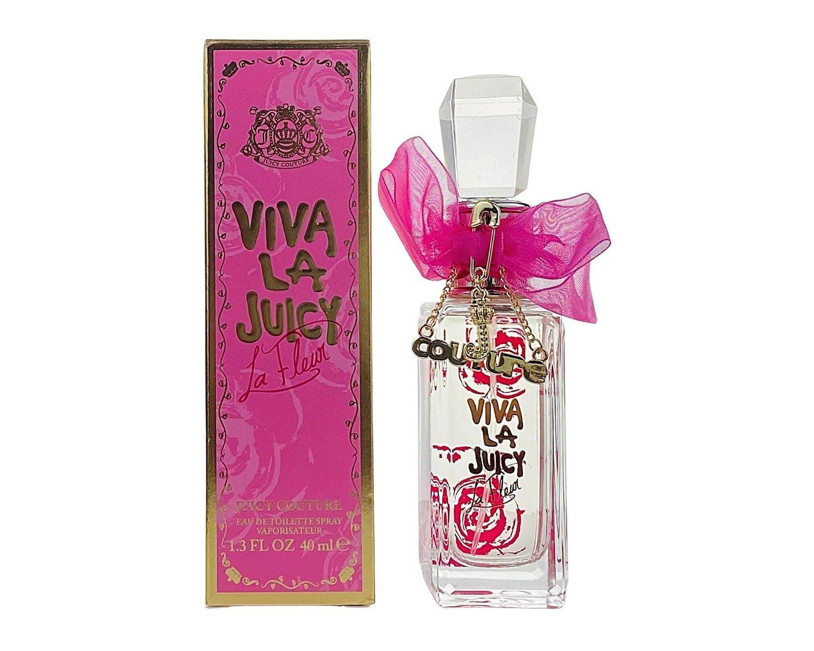 Juicy Couture Viva La Juicy perfume bottle and packaging on a white background