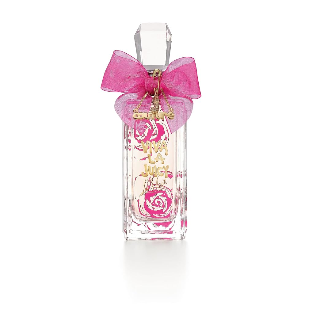 Perfume bottle with pink bow and rose design on a white background