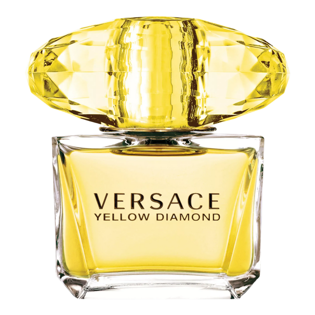 Versace Yellow Diamond perfume bottle with yellow cap on a white background